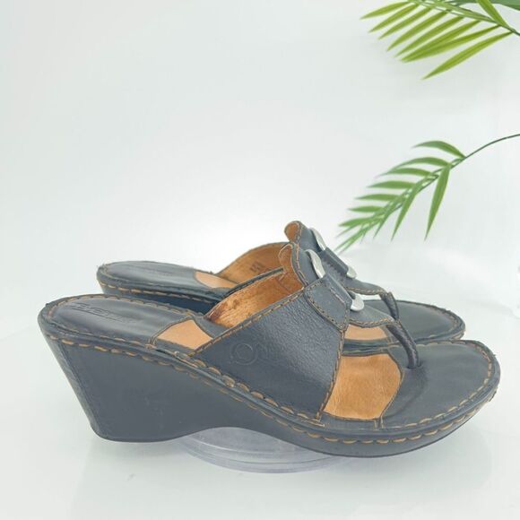 Born Women's Sandal Size 8 Wedge Heel Slide Black Leather Slip On Shoe Thong - Picture 3 of 14